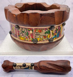 Vtg Wooden Mortar & Pestle Illustrated Decorative Band Hand Carved - Spain - Picture 1 of 24