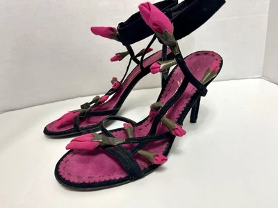 VTG RARE Beverly Feldman Black Suede Fuschia Rosebuds Strappy 6 1/2 Pumps Heels - Image 1 of 4