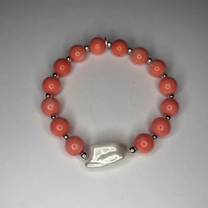 Pink Coral Mother Of Pearl Bracelet Sterling Silver Elements Signed FAS 925 Thai - Picture 1 of 3