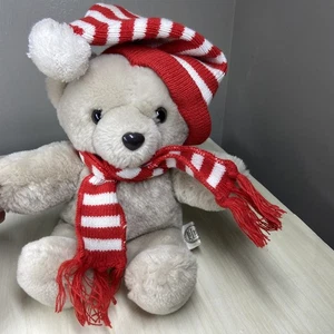 De colección Años 80 Navidad Oso de Peluche Peluche Rojo Blanco Rayas Santa Sombrero y Bufanda Corea YDC - Imagen 1 de 9