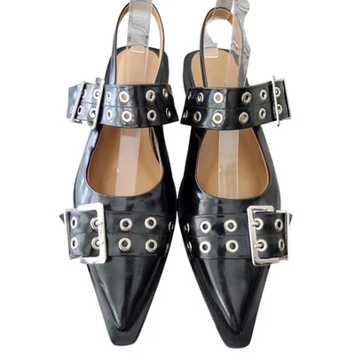 Sandalias bailarinas negras femeninas con hebilla con tira trasera de charol vegano para mujer 11 Foto 1 de 4