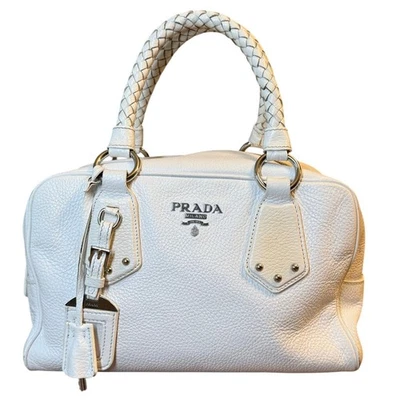 Prada Vitello Daino Handbag Pebbled Leather Braided Handle Zipper Lock Off-White - Image 1 of 4