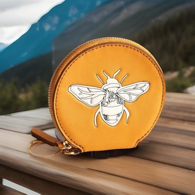 Vera Bradley HONEY BEE Round Zip Pouch Leather SUNFLOWER GOLD Key Clip Ring NWT - Image 1 of 4