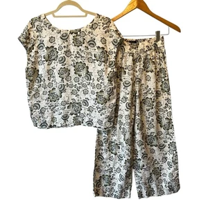 Tahari 100% Linen outfit XS S Wide leg pants Sleeveless top Gray white floral - Picture 1 of 11
