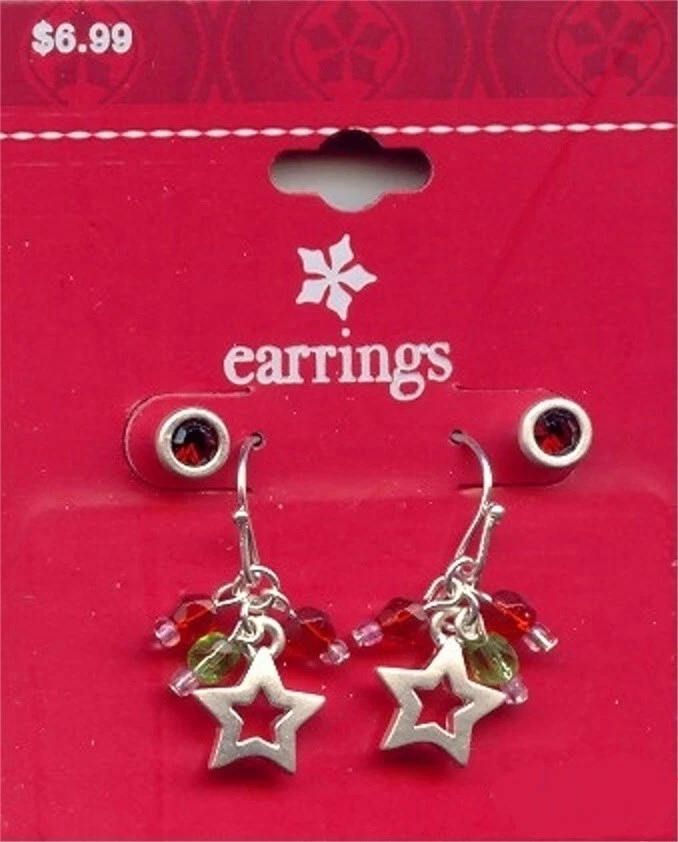 2 PAIR CHRISTMAS STAR BEAD DANGLE & GLASS RUBY STUD EARRINGS M28 - Image 1 of 1