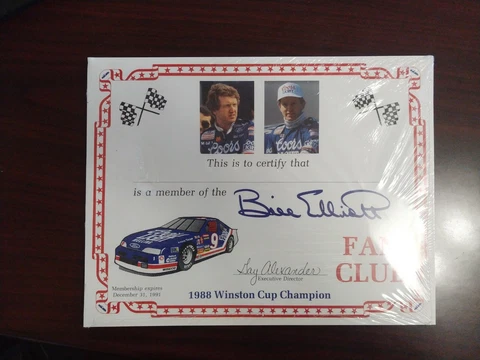 BILL ELLIOTT FAN CLUB NASCAR racing Certificate Dec 31 1991 Cover