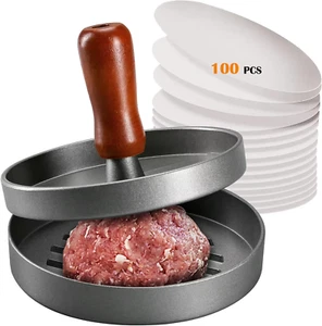 Burger Press Patty Maker Stainless Steel Wood Handle Non-Stick with 100 Papers - Picture 1 of 14