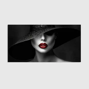 Elegant Woman with Hat & Red Lips Wandbild XXL Canvas Leinwand Poster Acrylglas - Bild 1 von 16