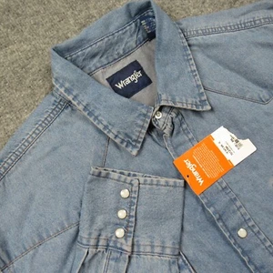 Vintage Wrangler Shirt Mens 2XL Denim Pearl Snap Western Cowboy Cut Stone Wash - Picture 1 of 10