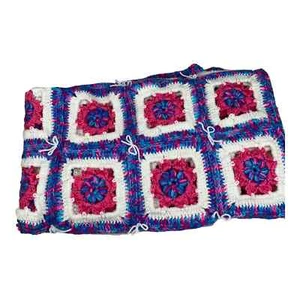 Handmade Girls Crochet Granny Square Pink Blue Purple White Floral Blanket - Picture 1 of 2