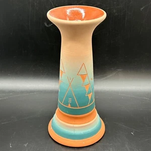 Sioux Indianer Keramik Vase geätzt signiert Orang türkis Tipi Bergpfeife - Bild 1 von 8