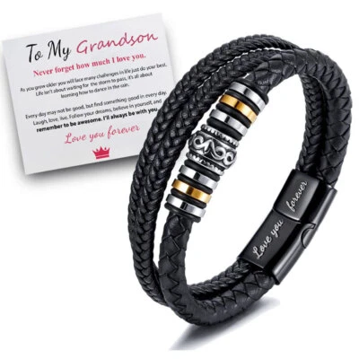 To My Grandson Black Leather Bracelet Love you forever Gift for Men Boy TEENAGER