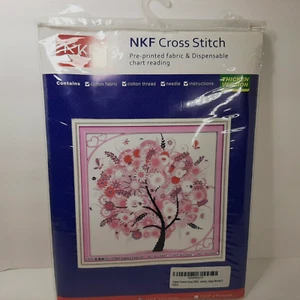 Apple/Cherry Pink Blossom Happy Tree NKF Printed Fabric Cross Stitch Kit - Picture 1 of 4
