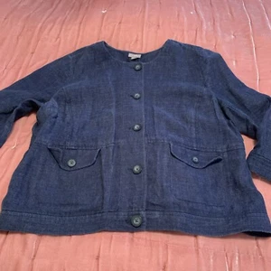 J Jill Womens Indigo Blue Linen Jacket Size LARGE Jacket, 3/4 Sleeve - Picture 1 of 12