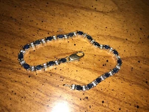 14K YELLOW GOLD DIAMOND & BLUE SAPPHIRE TENNIS BRACELET 10.0g - Picture 1 of 6