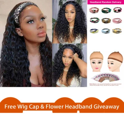 Headband Wig water wave deep wave 100 human virgin hair natural black  - Image 1 of 4