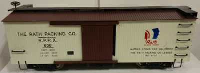Bachmann G Scale Wood Side Box Car The Rath Packing Co R.P.R.X 608 Sliding Doors - Image 1 of 4