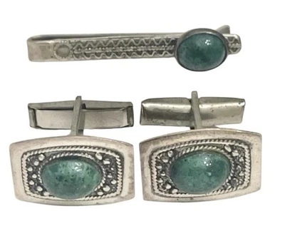 Запонки/зажим для галстука из стерлингового серебра SWANK малахит кабошон камни с коробкой - Изображение 1 из 4