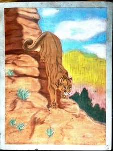 20 x 26 Prison Art Statesville Prison IL Vtg Chalk Drawing Mountain Lion-L@@K! - Picture 1 of 8