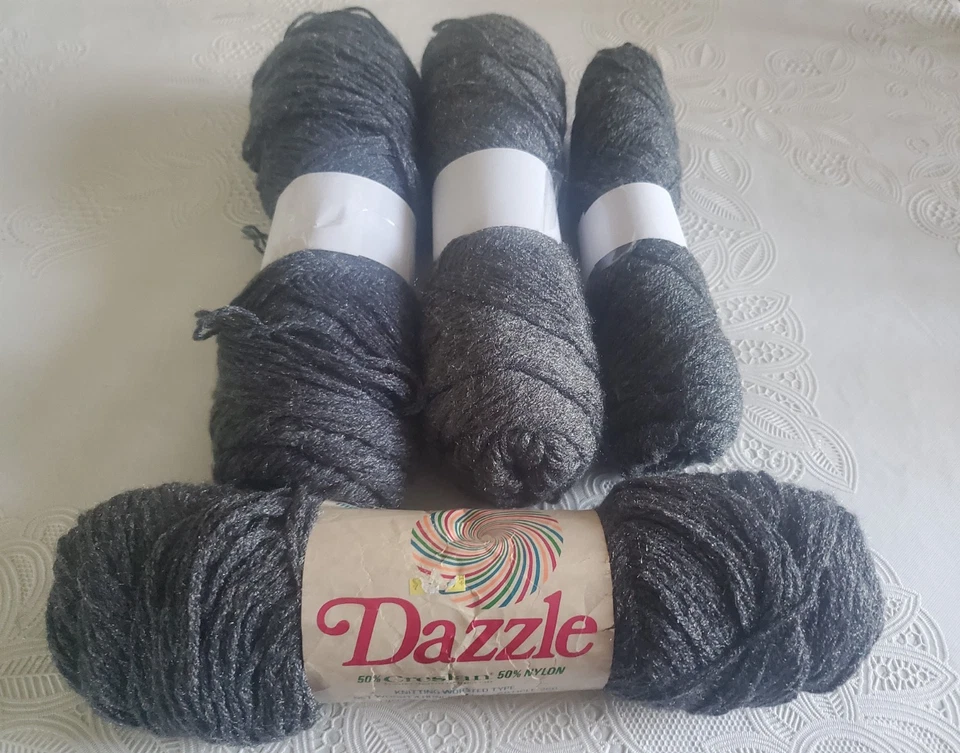 Vtg Lot 3 1/2 Caron Dazzle Crestan Acrylic Nylon Yarn Skeins Charcoal Grey - Image 1 of 1