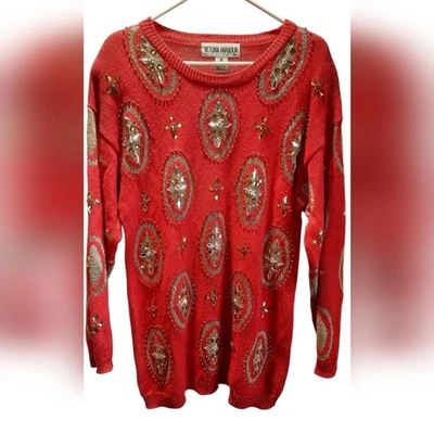 Suéter Victoria Harbour Mujer Mediano Rojo Adornado Con Cuentas De Colección Grannycore Foto 1 de 4