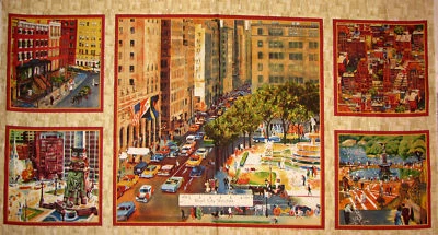 City Building Scenes City Scapes People Cotton Fabric QT 24"X44" Panel - Image 1 of 4