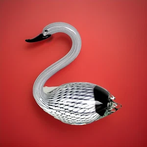 Vtg Black & White Harlequin Pattern Striped Hand Blown Art Glass Swan, 9-3/8" - Picture 1 of 11