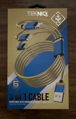 🔌USB 6ft Braided 3-in-1 Cable For iPhone Android & Type C By Tekniq A4 - Image 1 of 4