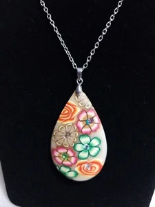 Clay Flower Crystal Teardrop Pendant W/ Chain - Picture 1 of 1
