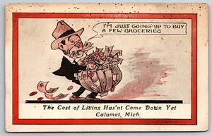 "High Cost of Living" in Calumet MI~Man w/ Basket of Money to Buy Groceries~1914 - Picture 1 of 2