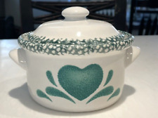 Green Spongeware Small Pottery Crock with Lid Heart Design