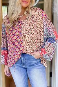 Orange Mixed Floral Printed Long Sleeve Tied V Neck Blouse - Picture 1 of 9