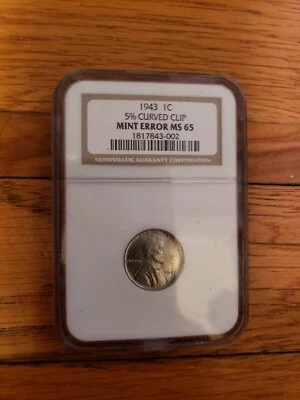 1943 1 cent Lincoln steel wheat cent 5% curved clip Mint error NGC MS 65 - Image 1 of 4