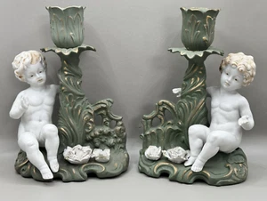 Pair Of Vintage Porcelain Cherub Candle Holders/ 7" Tall - Picture 1 of 13