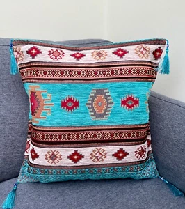 Turquoise Chenille Cushion Cover, Kilim Pattern Pillow, Boho Decor - 40x40cm - Picture 1 of 7