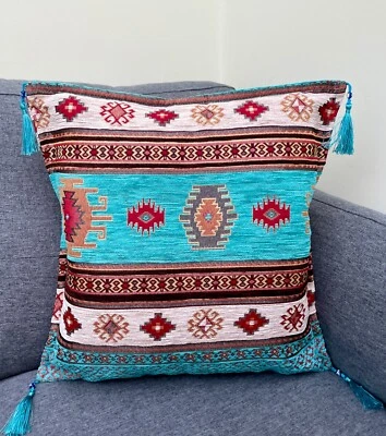 Turquoise Chenille Cushion Cover, Kilim Pattern Pillow, Boho Decor - 40x40cm - Image 1 of 4