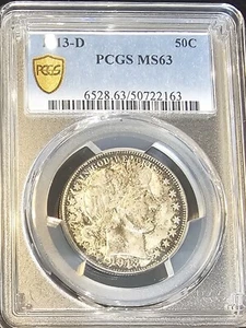 1913 D U.S. BARBER HALF DOLLAR, PCGS-MS63 - Picture 1 of 2