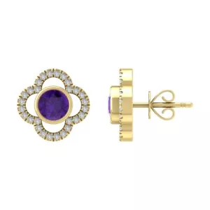 14K Yellow Gold Round Natural Diamond & Amethyst Stud Earrings for Women - Picture 1 of 1