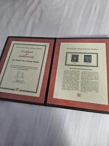 Worlds First Postage Stamps 1840 and 1841 Penny Black and Blue Black Folder COA - Picture 1 of 5