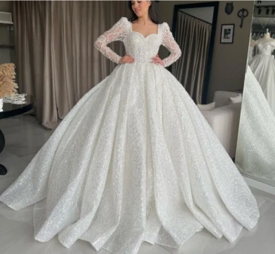 Sparkly Ball Gown Wedding Dresses Long Sleeves V Neck Sequins Appliques Beaded - Image 1 of 4