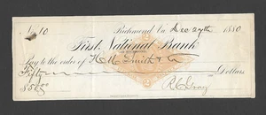 U.S. 1880 BANK CHECK, FIRST NATIONAL BANK OF RICHMOND, VIRGINIA W/ REVENUE RN-G1 - Picture 1 of 2