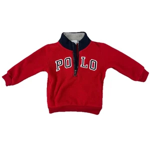 Ralph Lauren Baby 12M Fleece Quarter Zip Sweatshirt Red Navy POLO Spellout - Bild 1 von 10