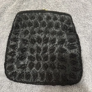 Vintage  British Hong Kong Hand Beaded Black Purse Hand Bag  Folding Clutch - Picture 1 of 4
