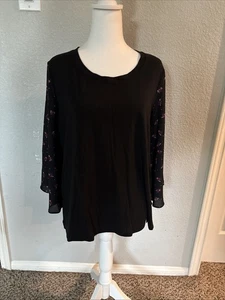 Pioneer Woman Mixed Media Blouse Black With Floral Lign Sleeves Size L - Picture 1 of 3