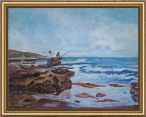 ARTE NAIF MARINA CON PESCATORI olio tavola ENRICO COPETTA COEN BRESCIA 1925-1989 - Picture 1 of 2