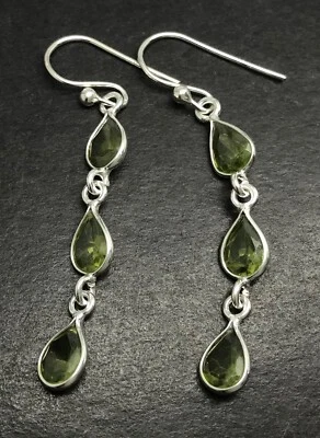 Peridot drop earrings, Solid Sterling Silver, pear, Faceted. Triple. Gift box. - Image 1 of 4