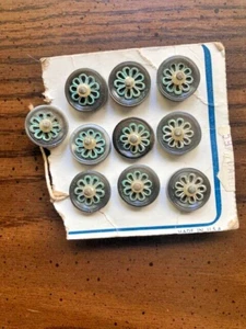 RARE Ten Antique 3/8" Pale Blue Woven Flowerets w/ Tiny Pearls Shank Buttons - Picture 1 of 6