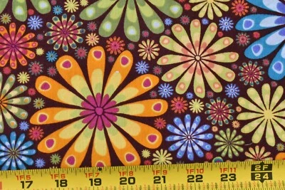 34" Long, Bright Colorful "Peacock Flowers" on Brown Quilt Cotton, Springs,P3608 - Image 1 of 4