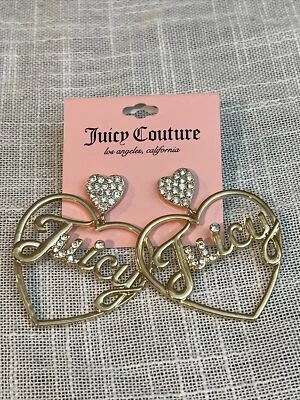 Juicy Couture Crystal Heart Earrings Gold Rhinestone Logo NEW bling - Image 1 of 4