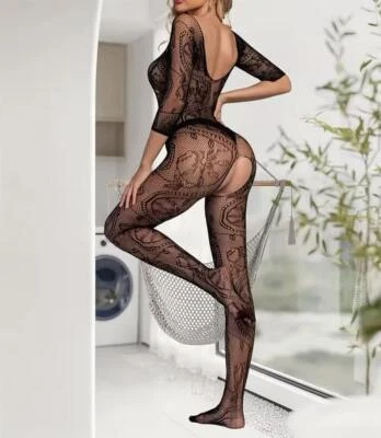 bodystocking ouvert Catsuit Dessous Overall Reizwäsche Negligee Langarm Schwarz - Bild 1 von 4